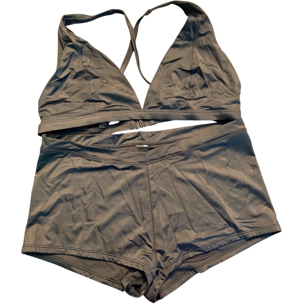 Fabletics Womens L Black High Waisted Boy Shorts Triangle Bikini Swim Set